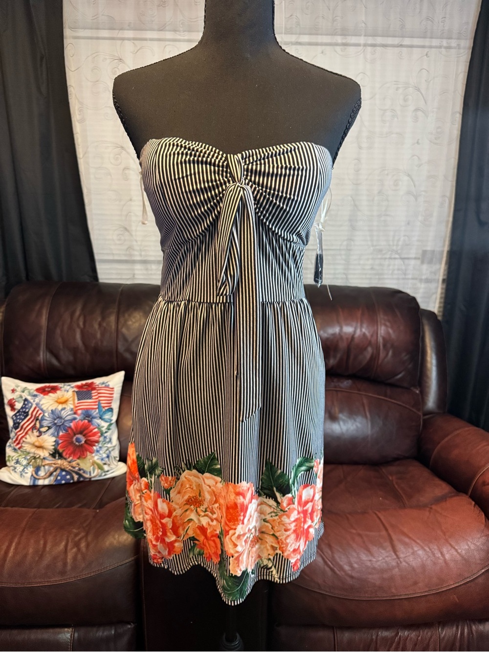 No Boundaries Black & White Striped Strapless Dress with Coral Floral Border